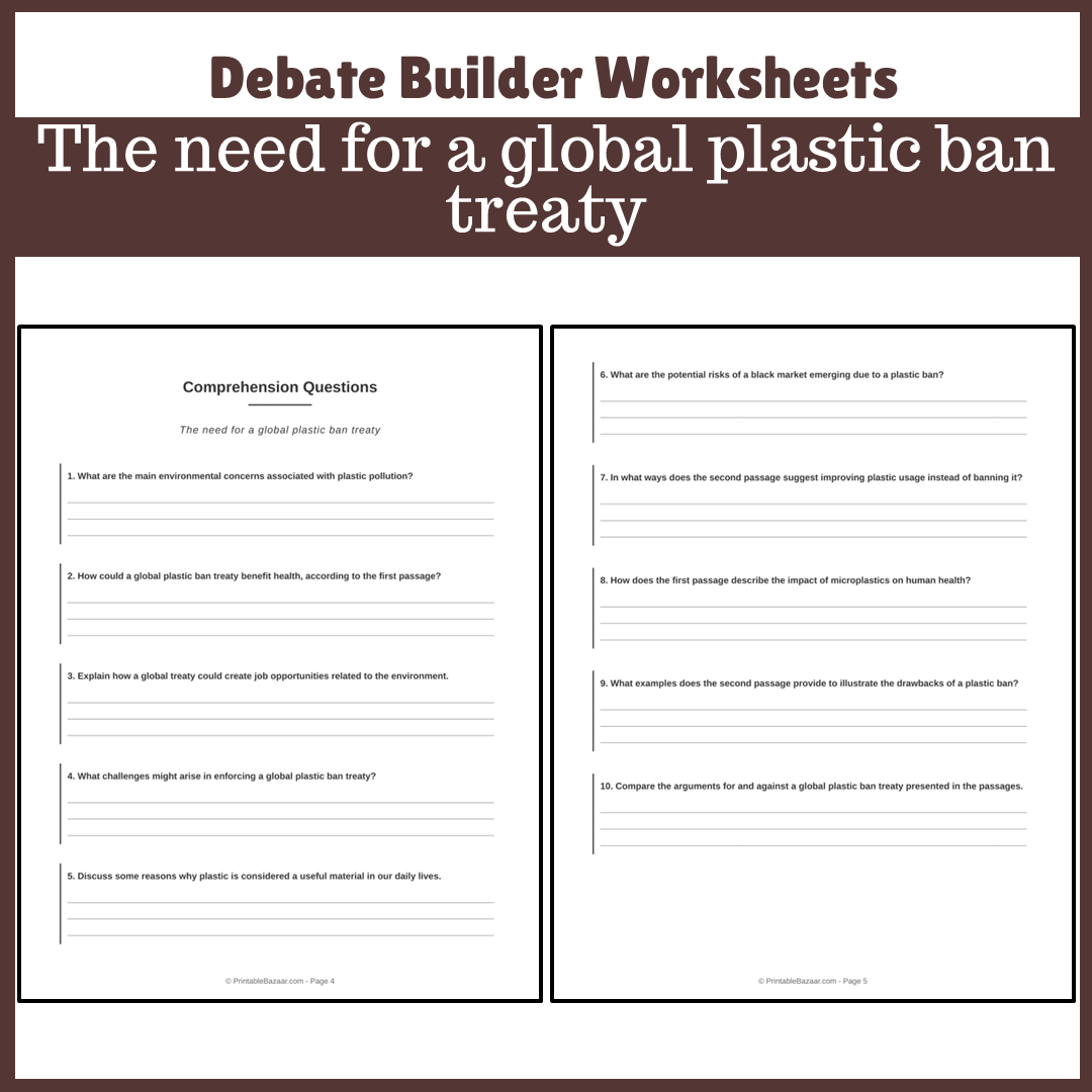 The need for a global plastic ban treaty | Favour and Against Worksheet Printable Activity