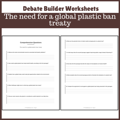 The need for a global plastic ban treaty | Favour and Against Worksheet Printable Activity