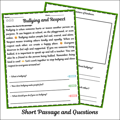 Bullying and Respect | Short Reading Comprehension Creative Worksheet