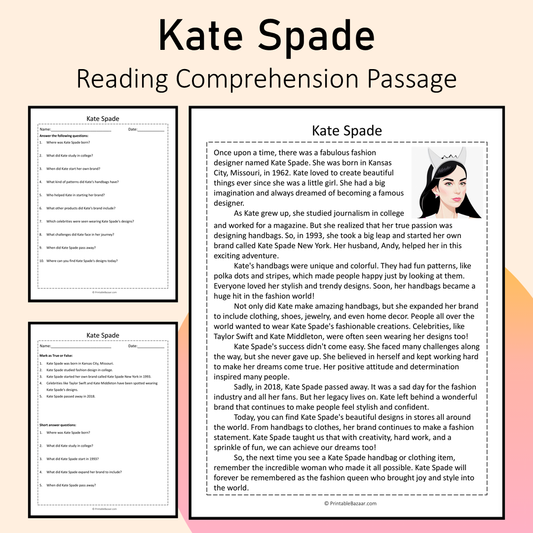 Kate Spade | Reading Comprehension Passage Printable Activity