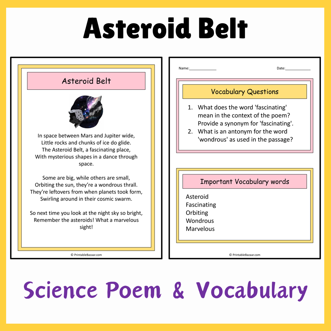 Asteroid Belt | Science Poem Reading Comprehension Activity