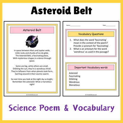 Asteroid Belt | Science Poem Reading Comprehension Activity