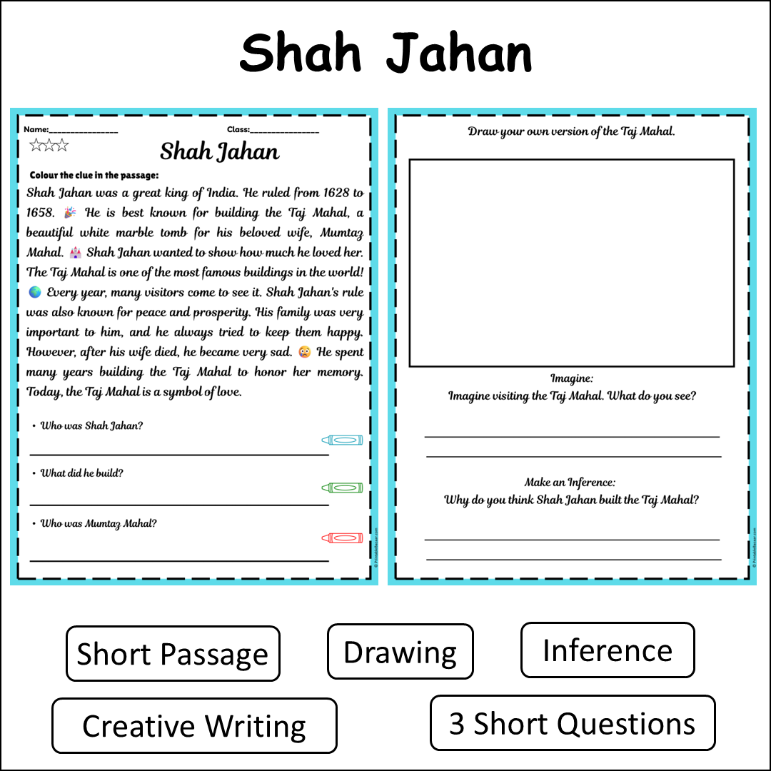 Shah Jahan | Short Reading Comprehension Creative Worksheet