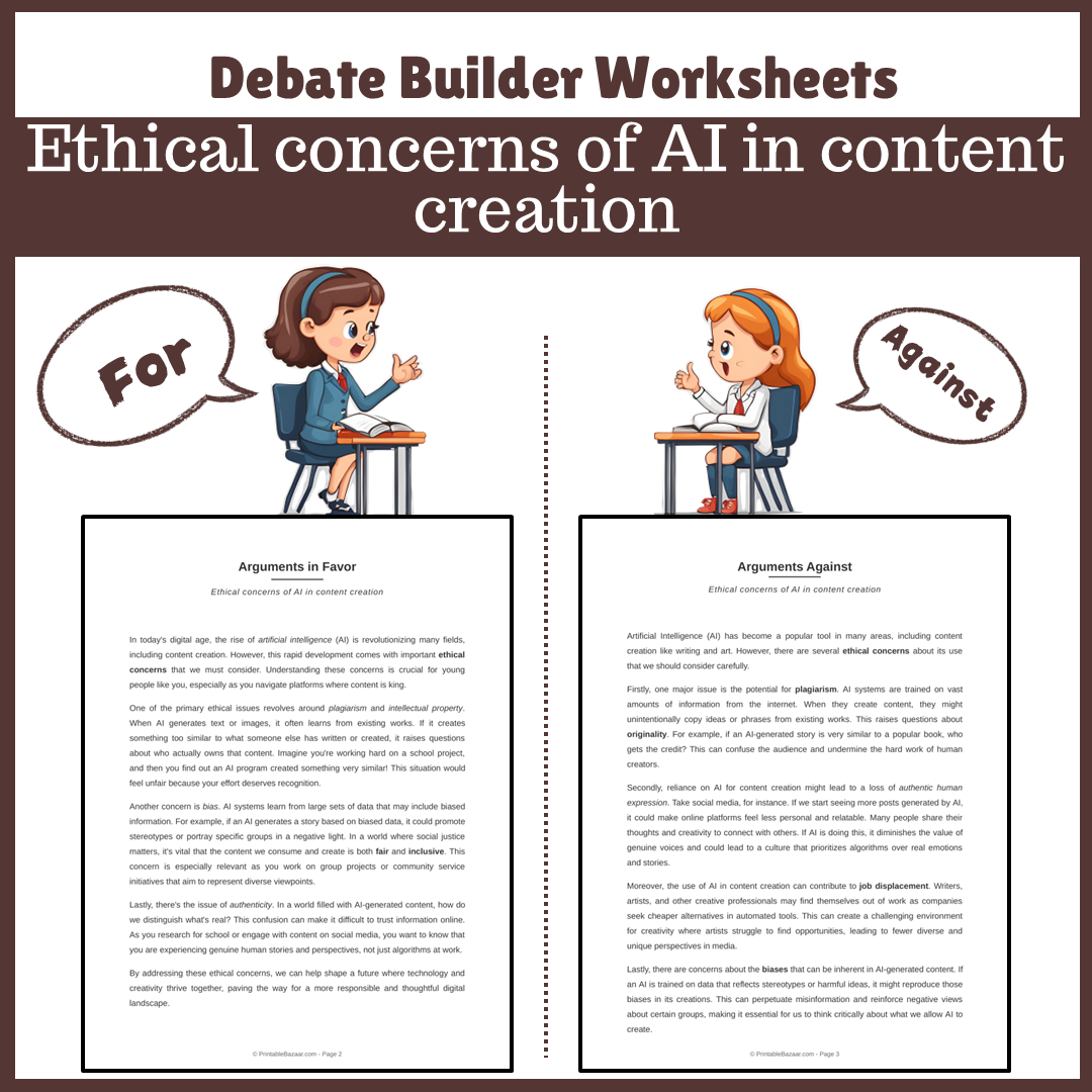 Ethical concerns of AI in content creation | Favour and Against Worksheet Printable Activity