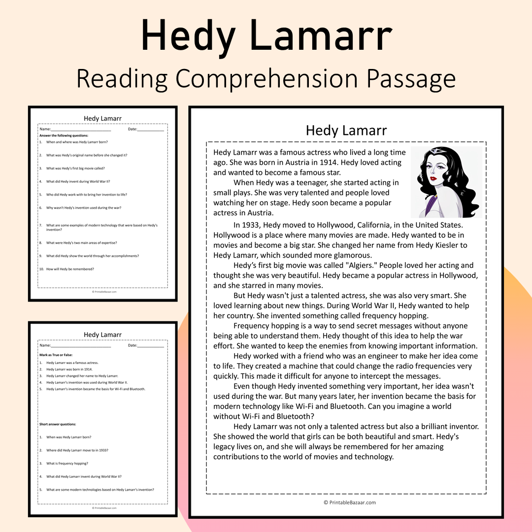 Hedy Lamarr | Reading Comprehension Passage Printable Activity
