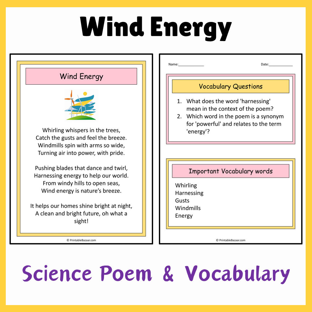 Wind Energy | Science Poem Reading Comprehension Activity