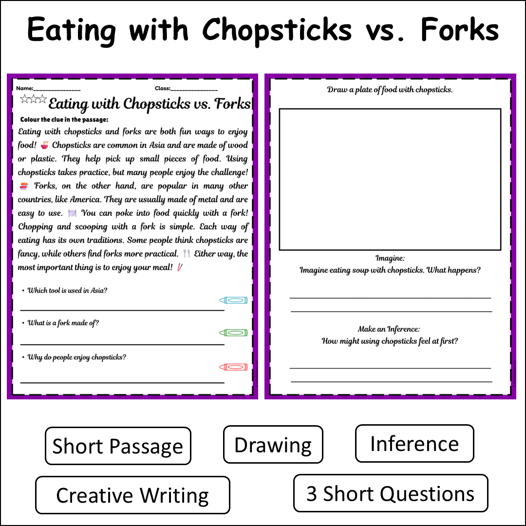 Eating with Chopsticks vs. Forks | Short Reading Comprehension Creative Worksheet