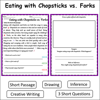 Eating with Chopsticks vs. Forks | Short Reading Comprehension Creative Worksheet