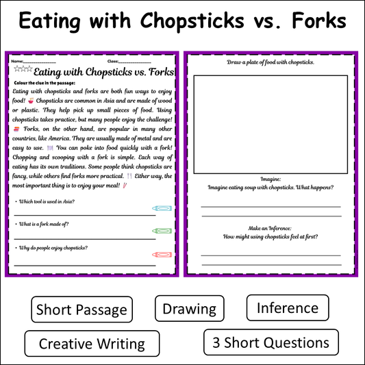 Eating with Chopsticks vs. Forks | Short Reading Comprehension Creative Worksheet