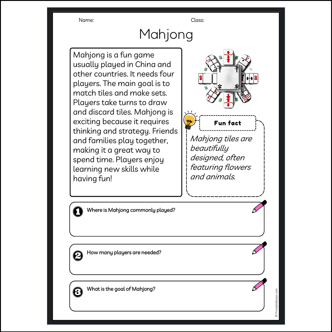 Mahjong | Reading Passage Comprehension Questions Writing Facts Worksheet