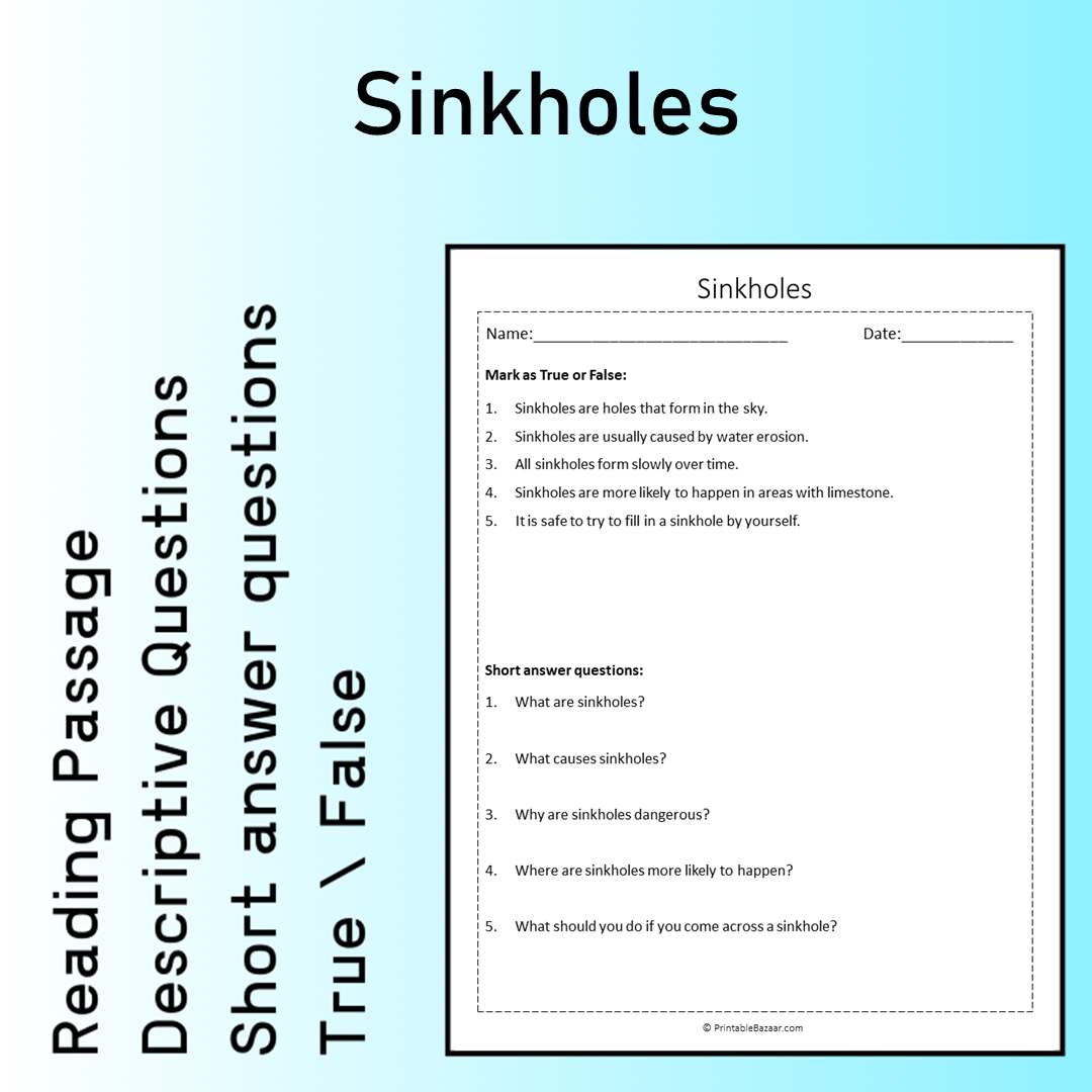 Sinkholes | Reading Comprehension Passage Printable Worksheet