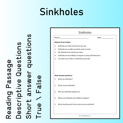 Sinkholes | Reading Comprehension Passage Printable Worksheet