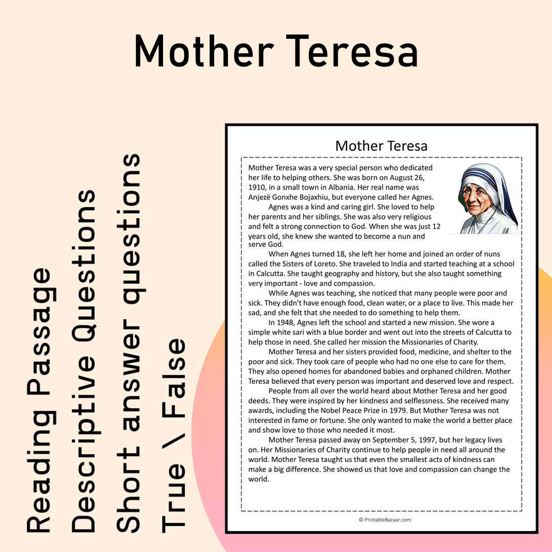 Mother Teresa | Reading Comprehension Passage Printable Activity