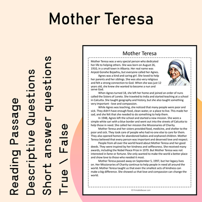 Mother Teresa | Reading Comprehension Passage Printable Activity