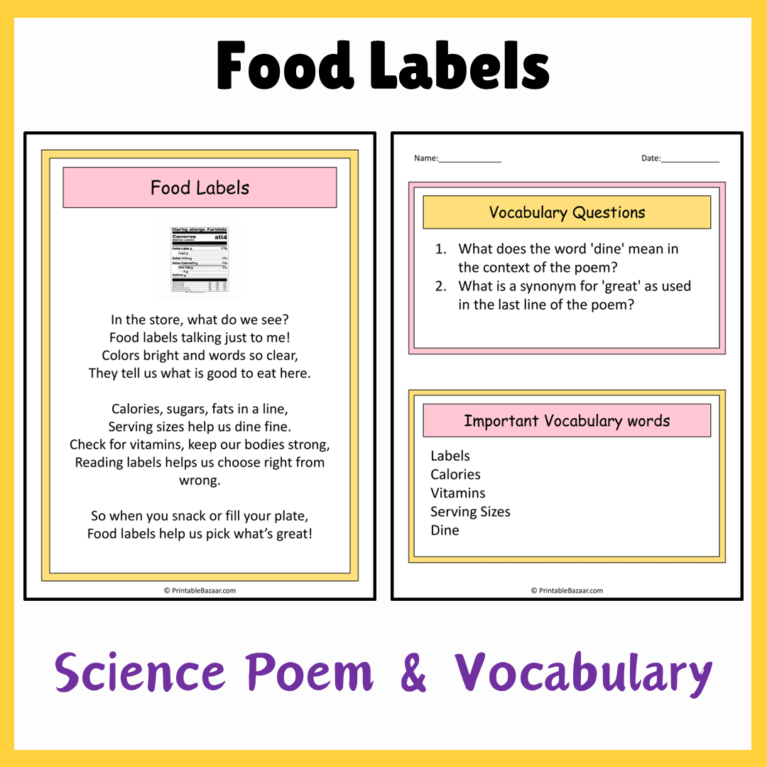 Food Labels | Science Poem Reading Comprehension Activity