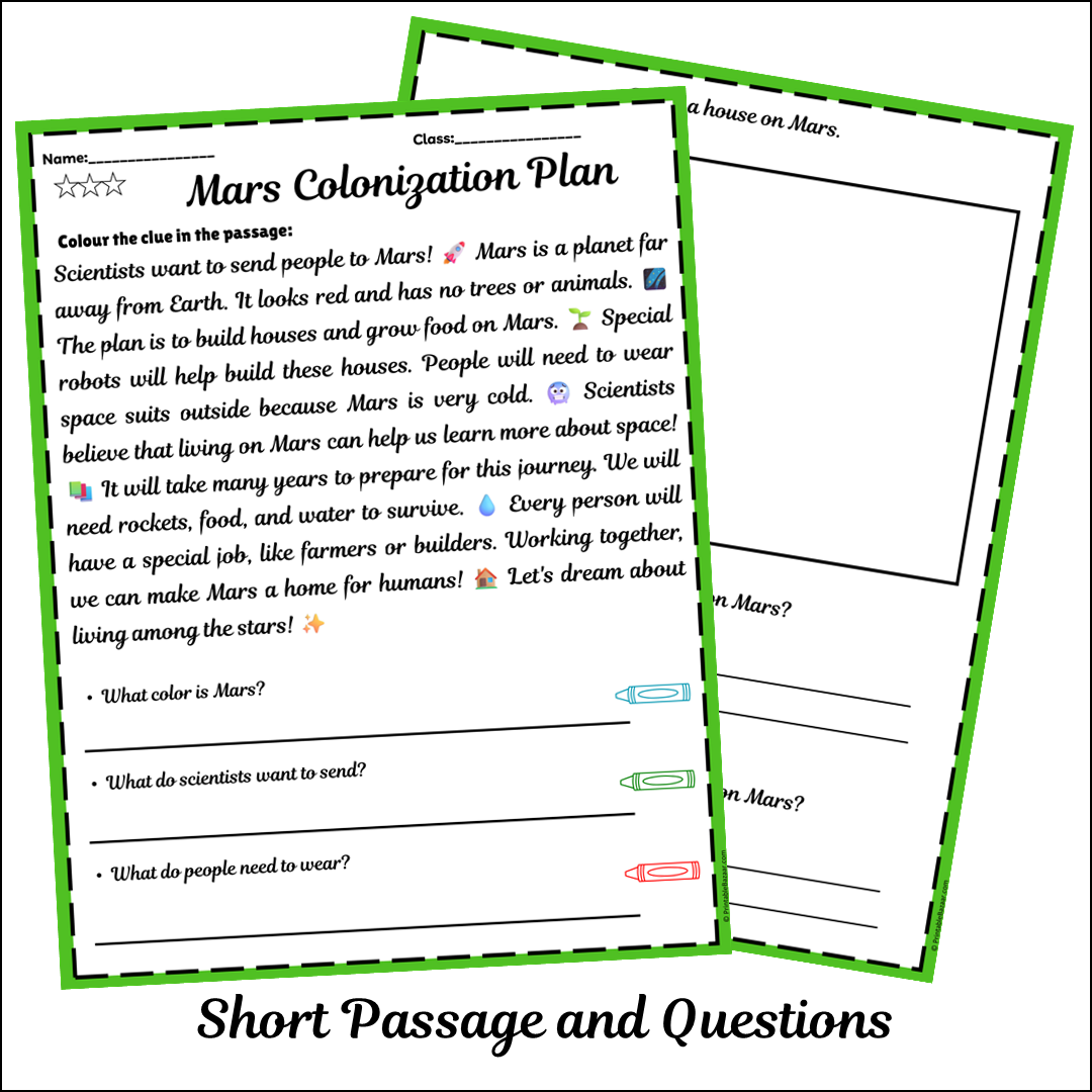 Mars Colonization Plan | Short Reading Comprehension Creative Worksheet