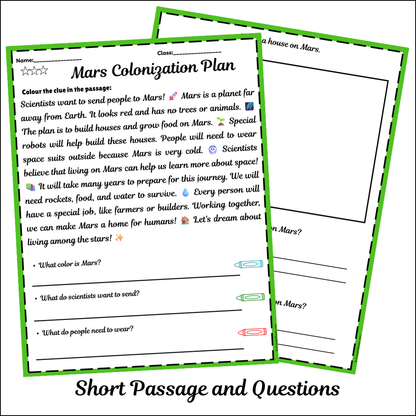 Mars Colonization Plan | Short Reading Comprehension Creative Worksheet