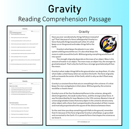 Gravity | Reading Comprehension Passage Printable Worksheet