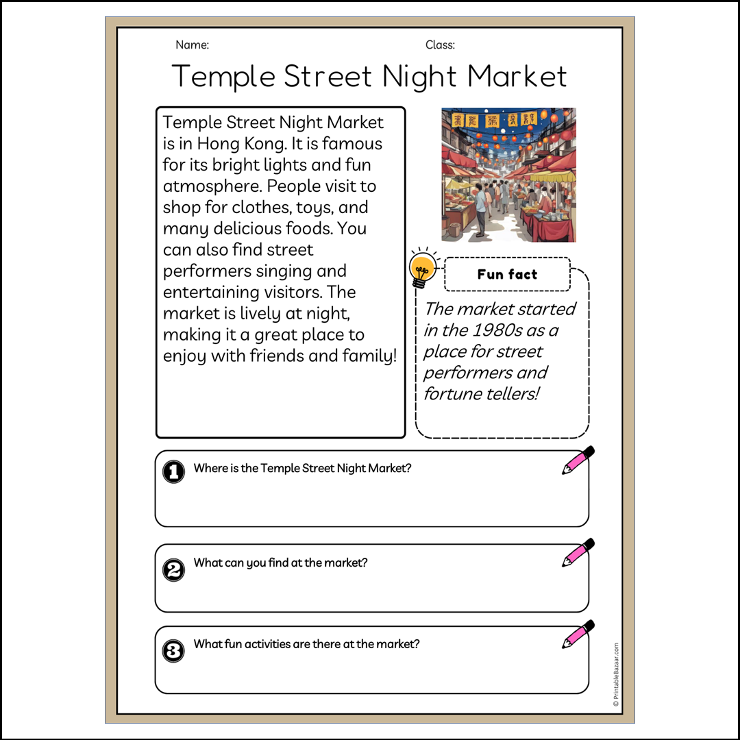 Temple Street Night Market | Reading Passage Comprehension Questions Writing Facts Worksheet