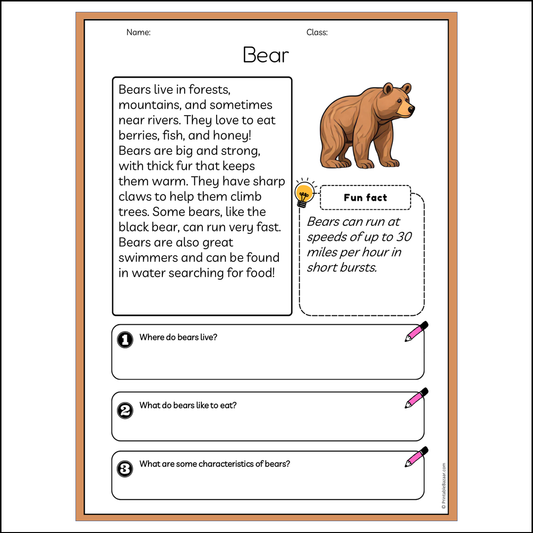 Bear | Reading Passage Comprehension Questions Writing Facts Worksheet