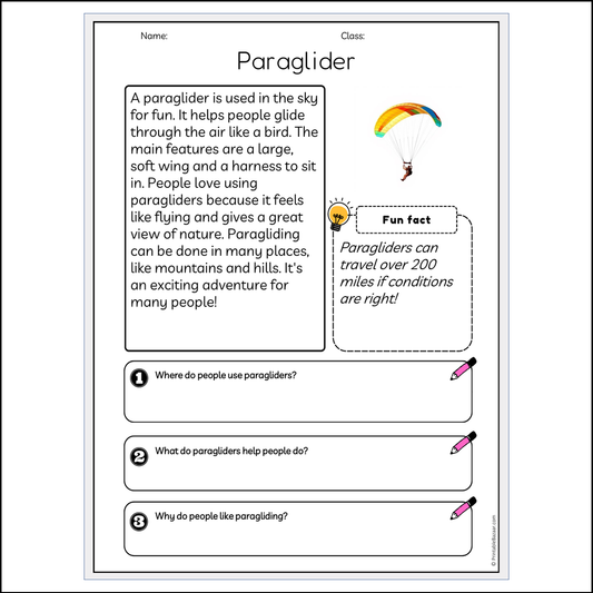 Paraglider | Reading Passage Comprehension Questions Writing Facts Worksheet