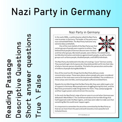 Nazi Party in Germany | Reading Comprehension Passage Printable Worksheet