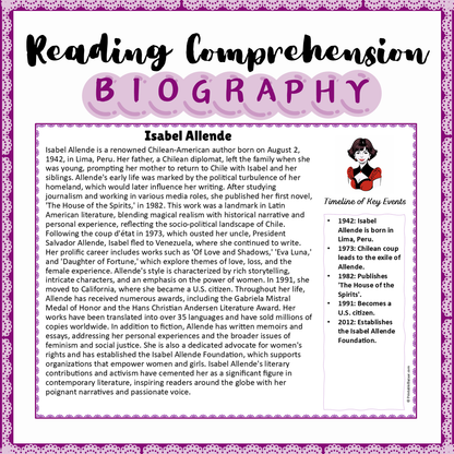 Isabel Allende | Biography Reading Comprehension and Questions Worksheet