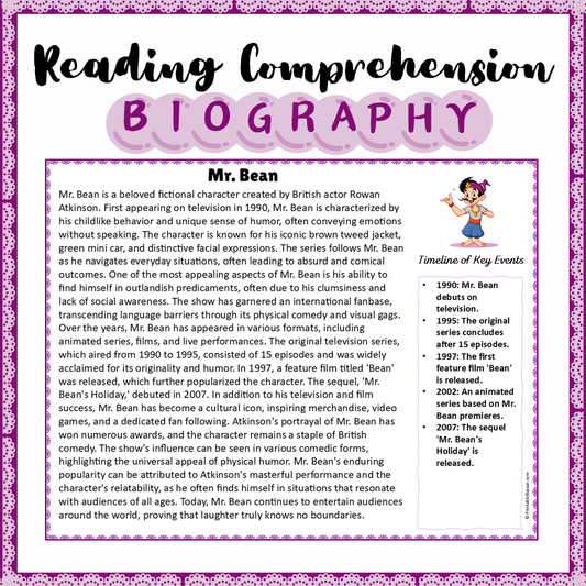 Mr. Bean | Biography Reading Comprehension and Questions Worksheet