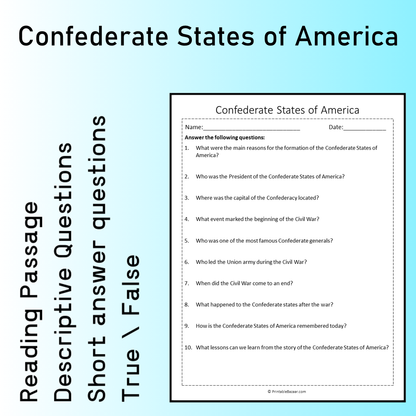 Confederate States of America | Reading Comprehension Passage Printable Worksheet