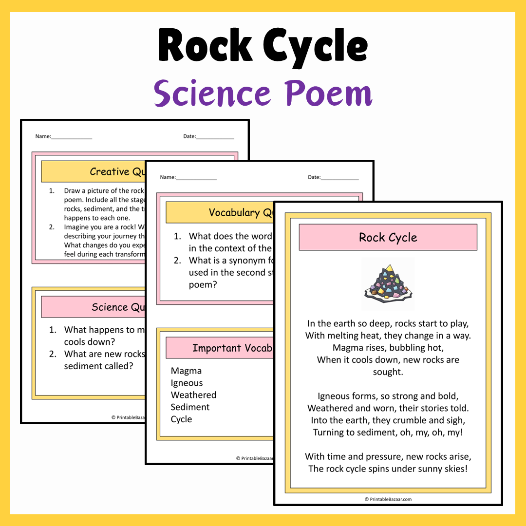 Rock Cycle | Science Poem Reading Comprehension Activity