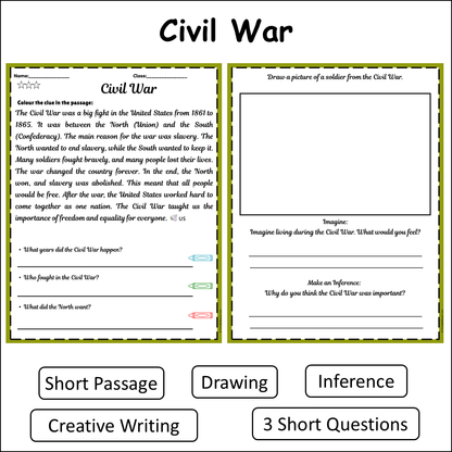 Civil War | Short Reading Comprehension Creative Worksheet