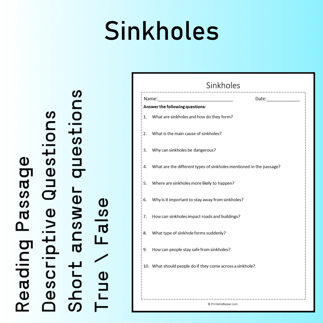 Sinkholes | Reading Comprehension Passage Printable Worksheet