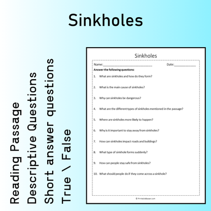 Sinkholes | Reading Comprehension Passage Printable Worksheet