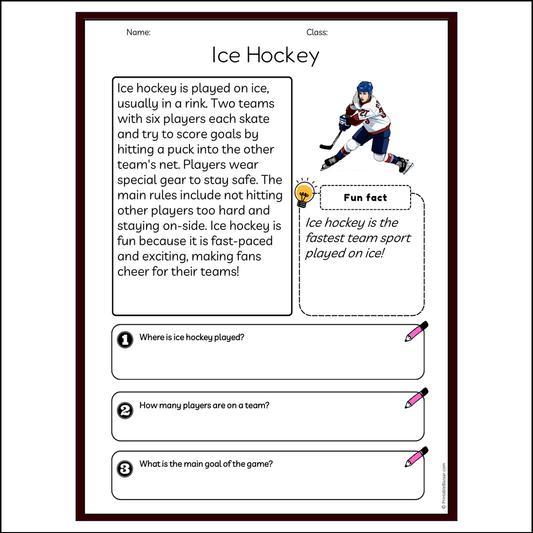 Ice Hockey | Reading Passage Comprehension Questions Writing Facts Worksheet