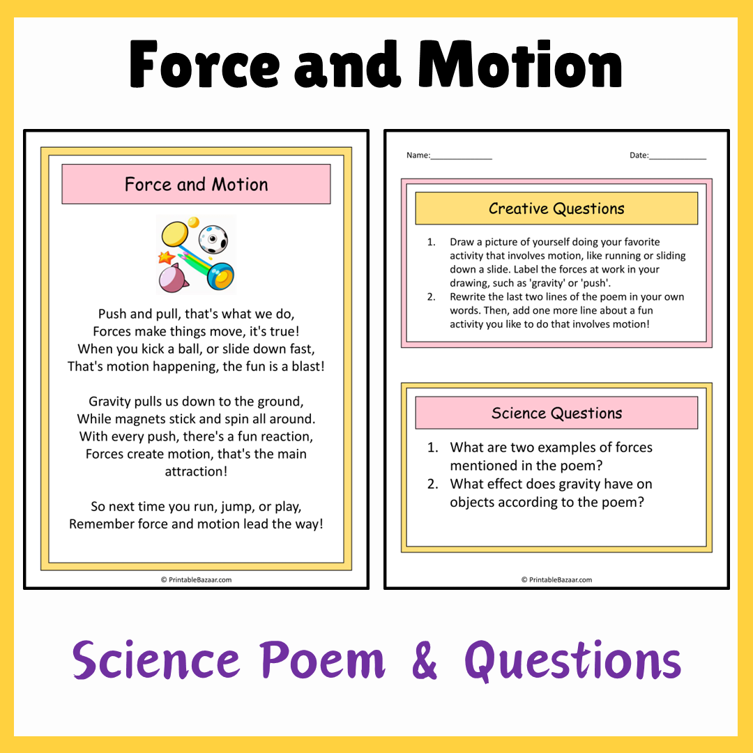 Force and Motion | Science Poem Reading Comprehension Activity