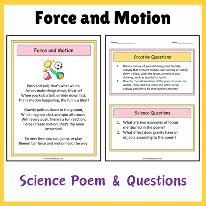 Force and Motion | Science Poem Reading Comprehension Activity