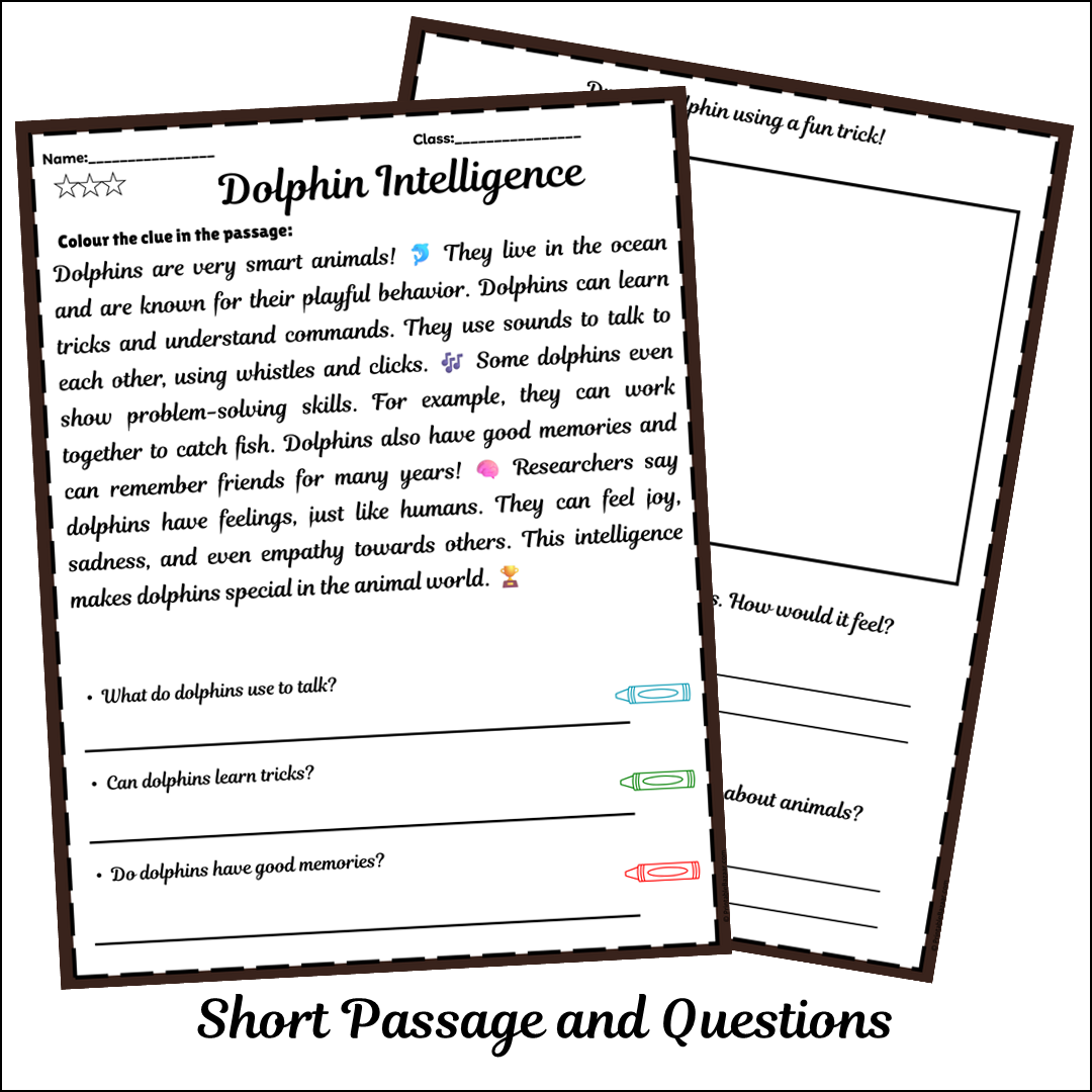 Dolphin Intelligence | Short Reading Comprehension Creative Worksheet