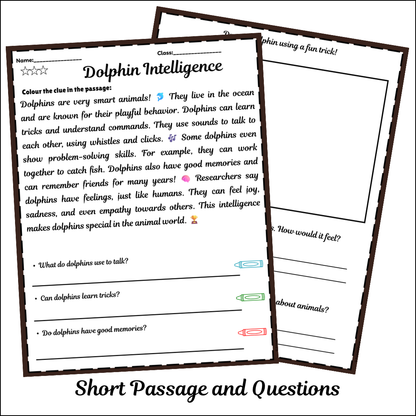 Dolphin Intelligence | Short Reading Comprehension Creative Worksheet