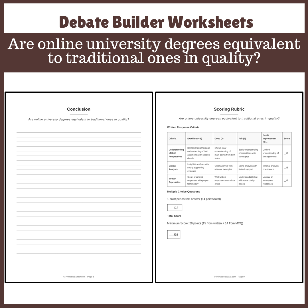 Are online university degrees equivalent to traditional ones in quality? | Favour and Against Worksheet Printable Activity