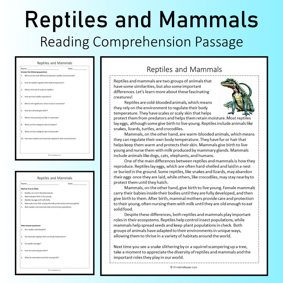 Reptiles and Mammals | Reading Comprehension Passage Printable Worksheet
