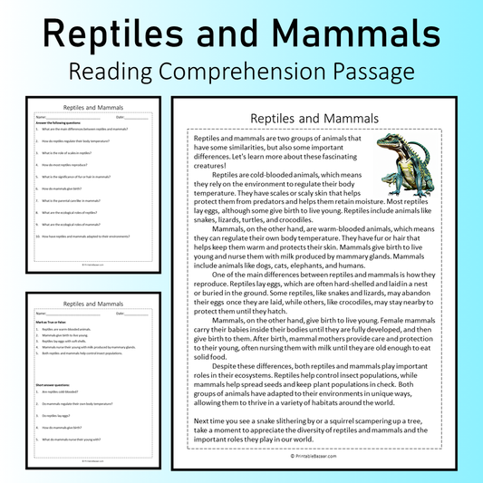 Reptiles and Mammals | Reading Comprehension Passage Printable Worksheet