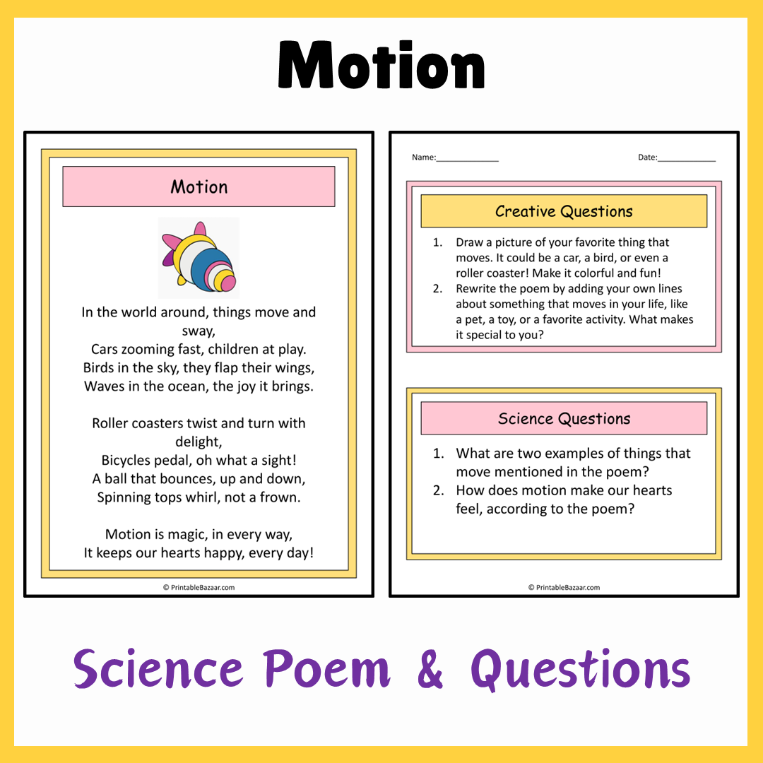 Motion | Science Poem Reading Comprehension Activity