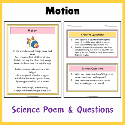 Motion | Science Poem Reading Comprehension Activity