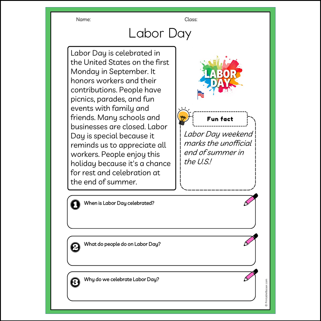 Labor Day | Reading Passage Comprehension Questions Writing Facts Worksheet