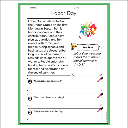 Labor Day | Reading Passage Comprehension Questions Writing Facts Worksheet