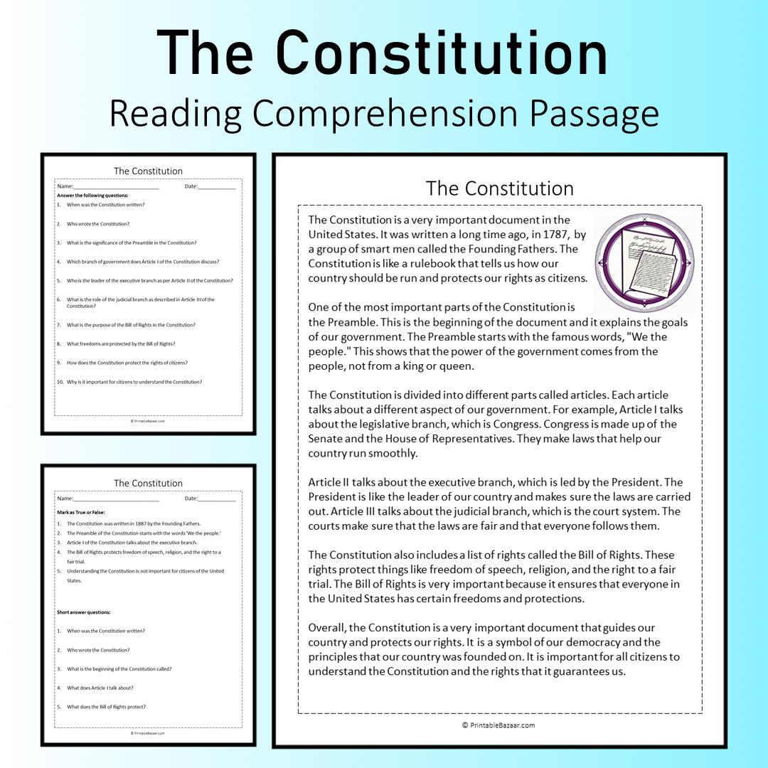 The Constitution | Reading Comprehension Passage Printable Worksheet