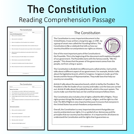 The Constitution | Reading Comprehension Passage Printable Worksheet