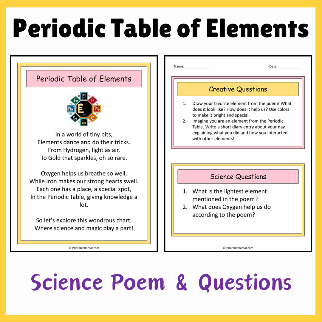 Periodic Table of Elements | Science Poem Reading Comprehension Activity