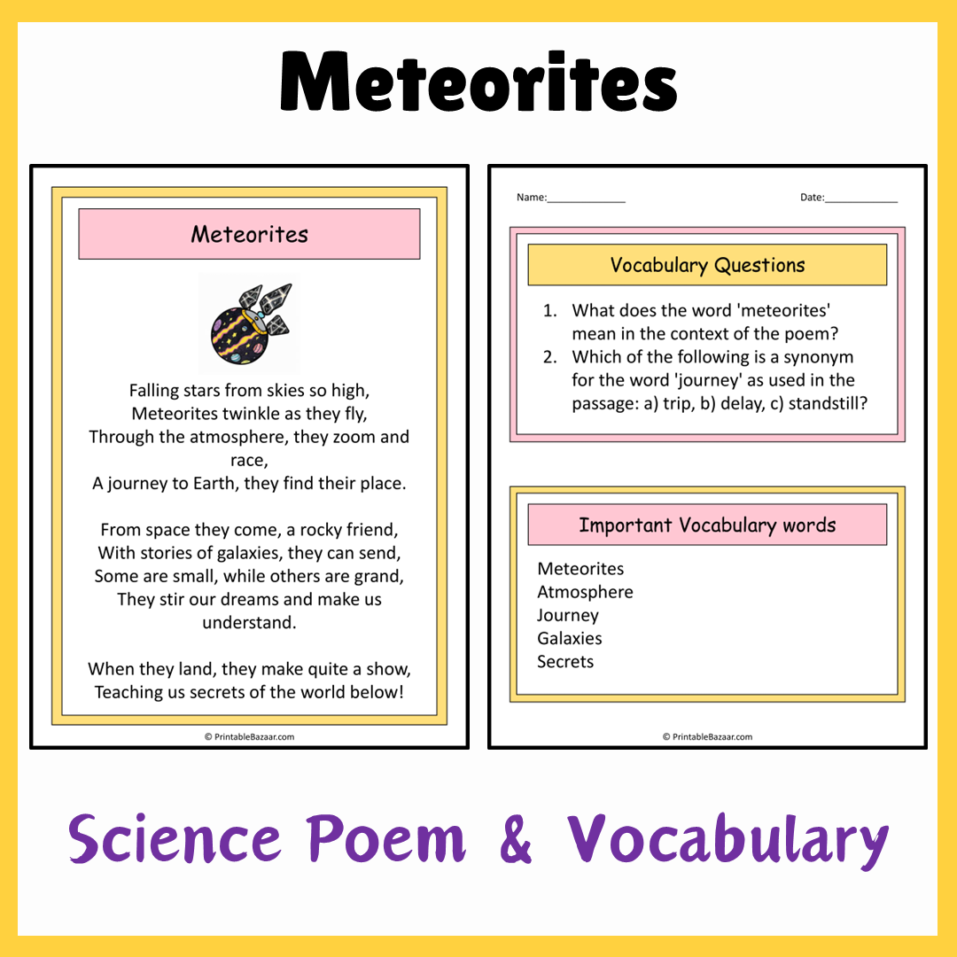 Meteorites | Science Poem Reading Comprehension Activity