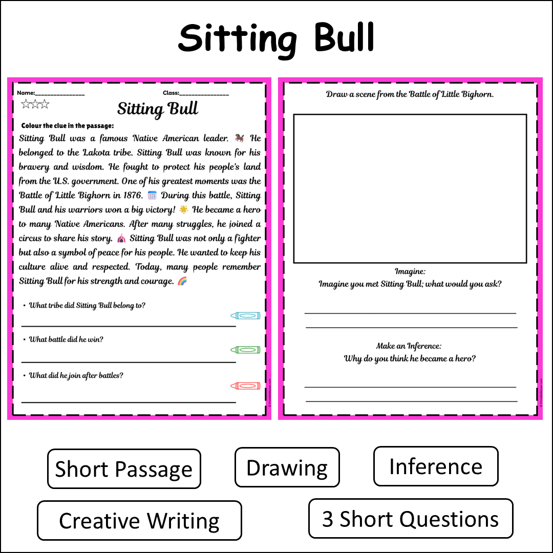 Sitting Bull | Short Reading Comprehension Creative Worksheet